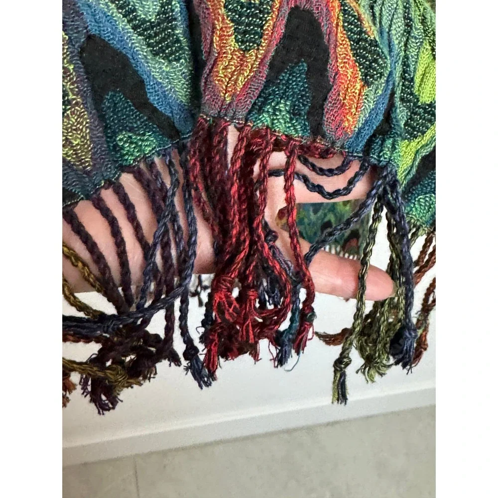 Multicolor Chevron Zig Zag Knit Scarf with Fringe Trim Emerald Red Yellow Wrap